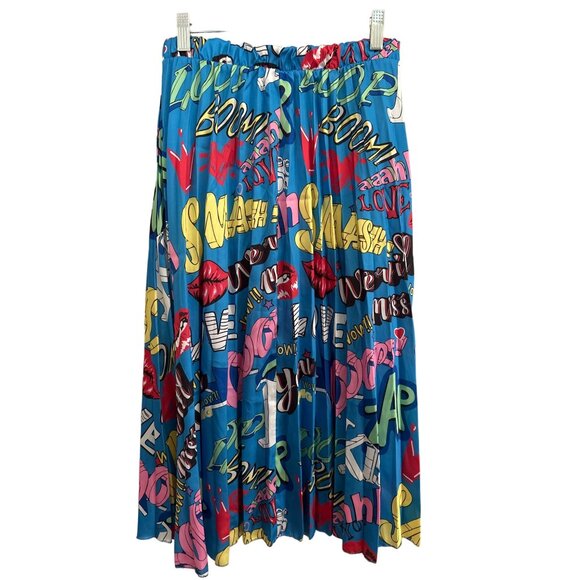 Colorful Graphic Print Women’s Pleated Skirt Elastic Waist Made In Italy - Picture 2 of 5
